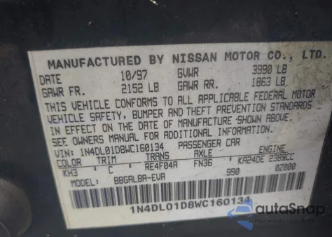 1998 Nissan Altima Gle/Gxe/Se/Xe z USA, uszkodzony, nr VIN 1N4DL01D8WC160134